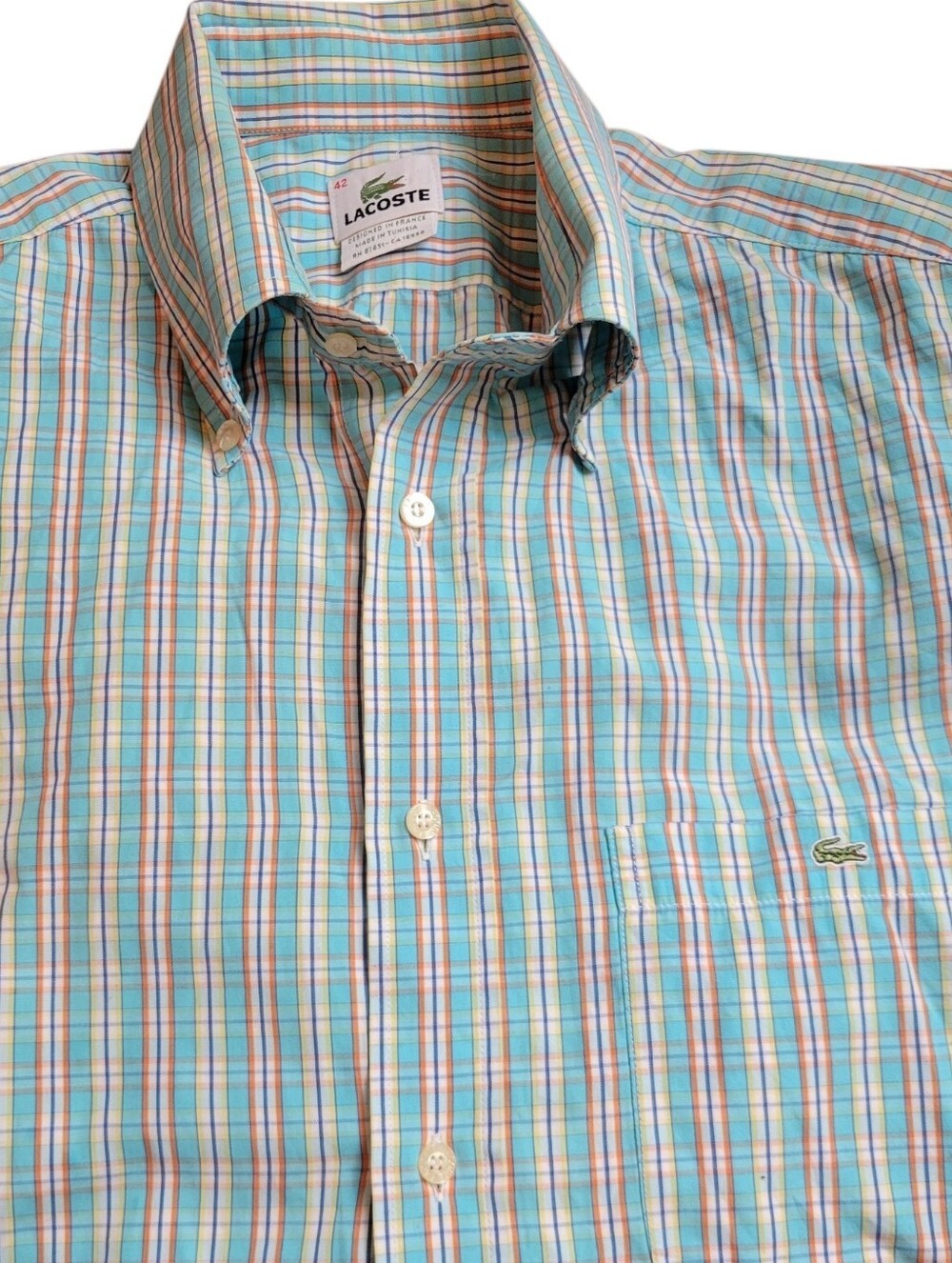 Lacoste 100% Cotton Teal Blue Yellow Plaid Button Down Long Sleeve Shirt Size L - Picture 2 of 16